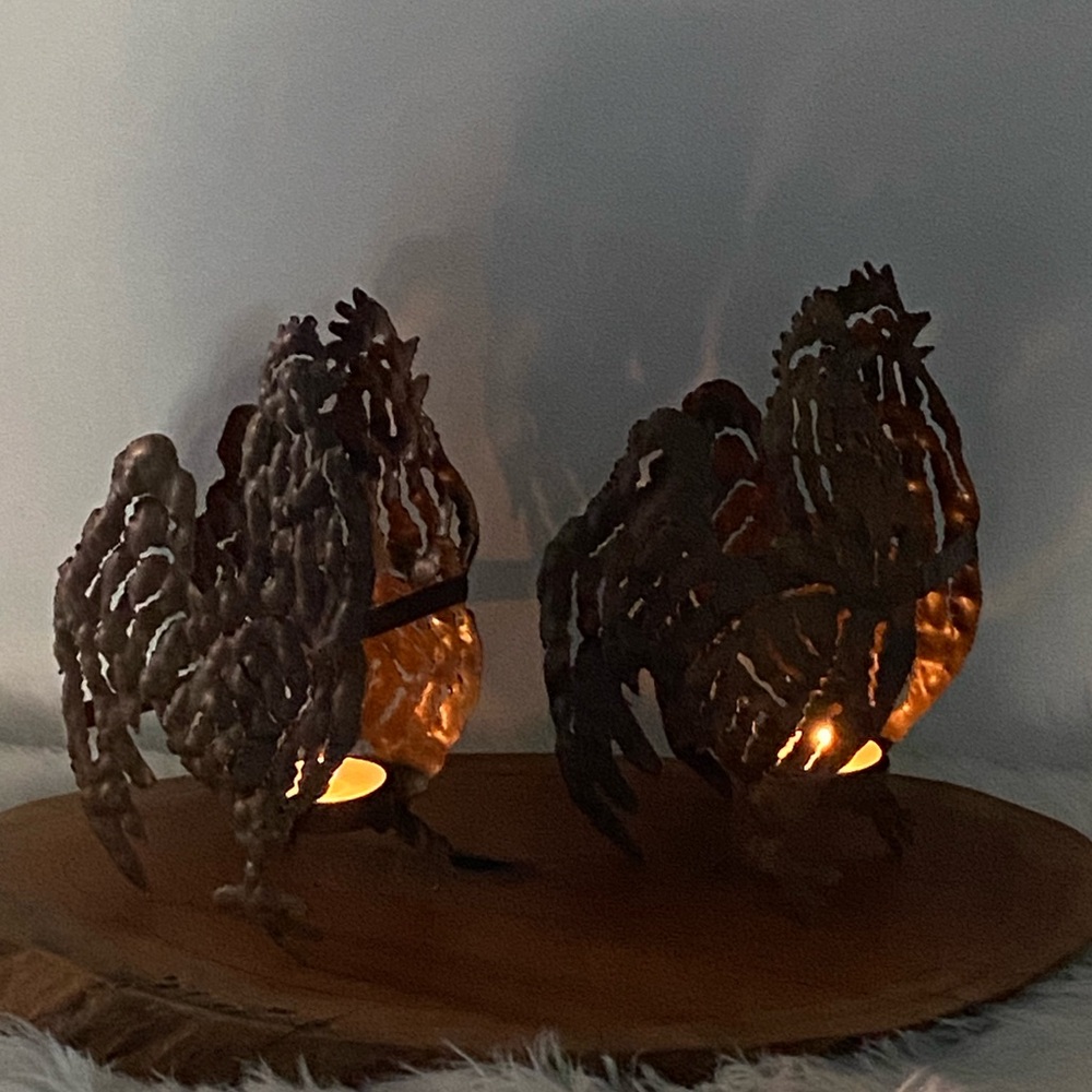 2 Rustic Industrial Farmhouse Metal Rooster Tea Light Candle Holders Cottagecore